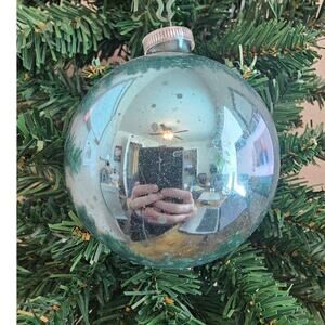 Vintage West Germany Large Glass Ball Christmas Ornament Teal Blue Shiny